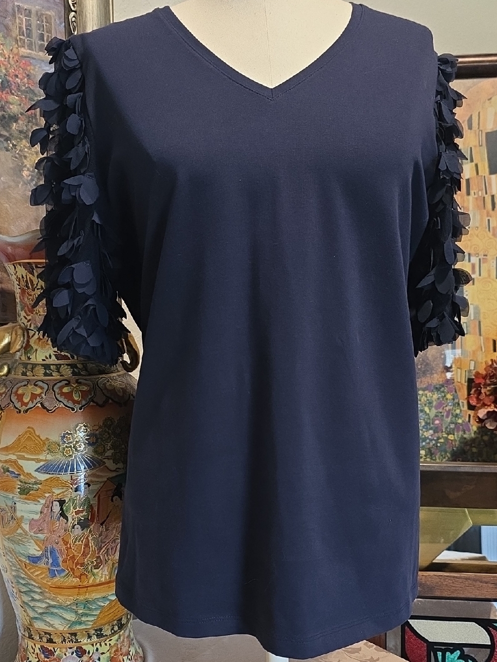 Navy V-Neck Top with Petal-Trim Short Sleeves